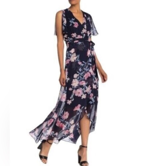 NWT Eliza J Black Floral Chiffon High Low V Neck Dress, faux wrap, split sleeve - Picture 3 of 11